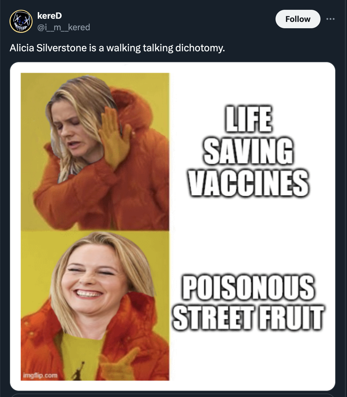 blond - kereD Alicia Silverstone is a walking talking dichotomy. mgflip.com Life Saving Vaccines Poisonous Street Fruit